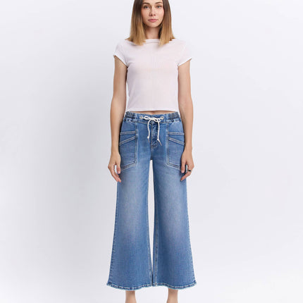 High Rise Flare Denim with Drawstring Waist