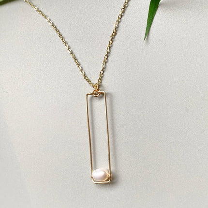 Pearl Necklace with Gold Rectangle Drop Pendant and Chain