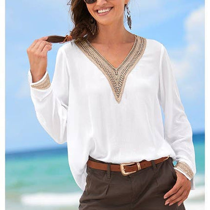 Crochet Trim V-Neck Blouse