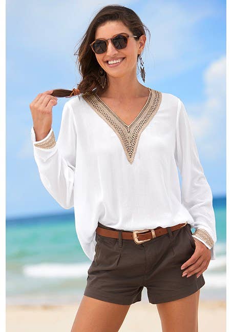 Crochet Trim V-Neck Blouse