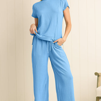 Luxury Solid Corded Short Sleeve T Shirt And Wide Leg Pants Set