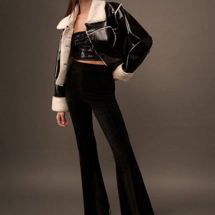 Solid High Waist Fitted Flared Corduroy Pants: BLACK