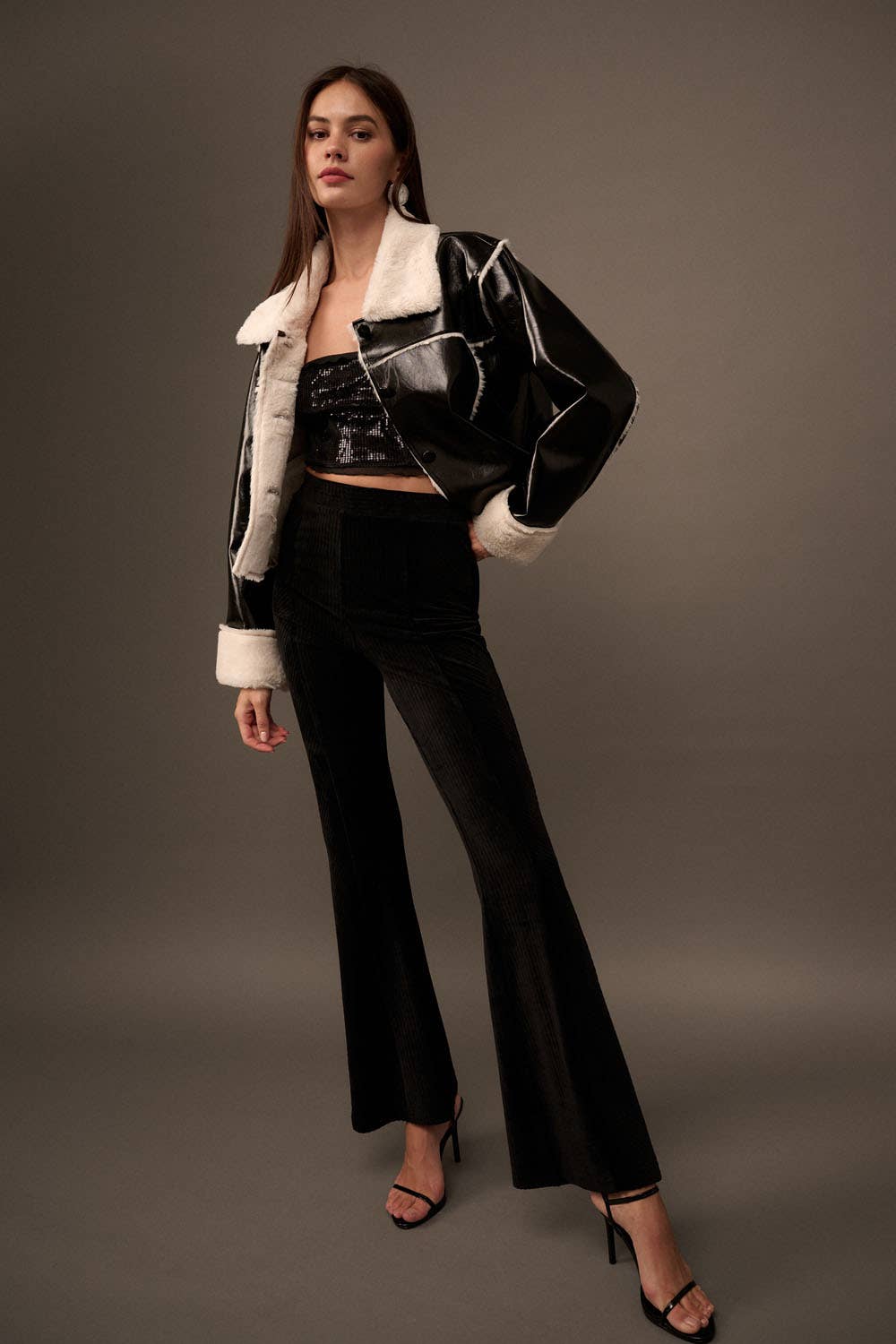 Solid High Waist Fitted Flared Corduroy Pants: BLACK