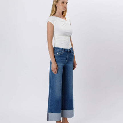 High Rise Cuffed Ankle Wide Leg Jeans