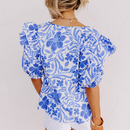 Luxury Floral Print Ruffled Bubble Sleeve Blouse