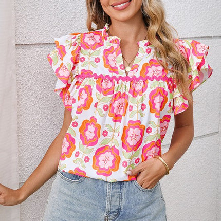 Rose Boho Floral Print Ricrac Ruffle Sleeve Blouse