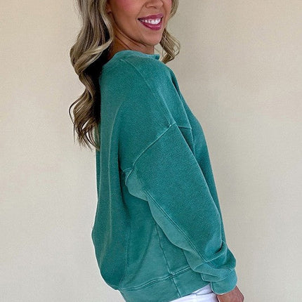 Solid Color Notched Neck Drop Shoulder Sweatshirt