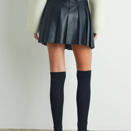 Solid Pleated Leather Mini Skirt