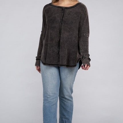 Plus Washed Baby Waffle Oversized Long Sleeve Top