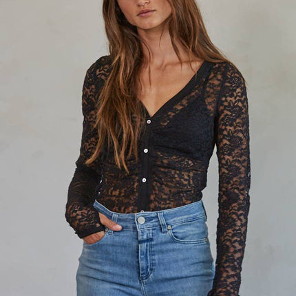 Black Lace V-Neck Button Down Bodysuit