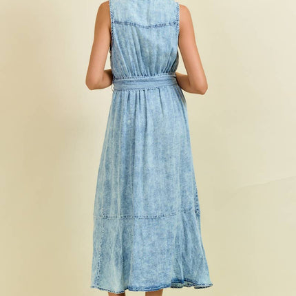 Denim Look Midi Dress with Tie Belt