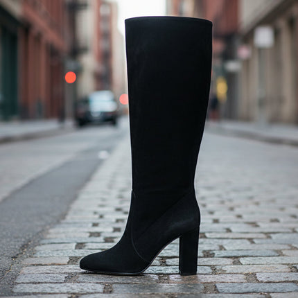 Suede Pleated High Heel Thick Heel Pointed Sleeve Boots