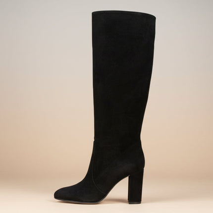 Suede Pleated High Heel Thick Heel Pointed Sleeve Boots