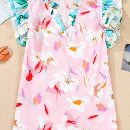 Multicolour Floral Patchwork Frill Notched Neck Ru