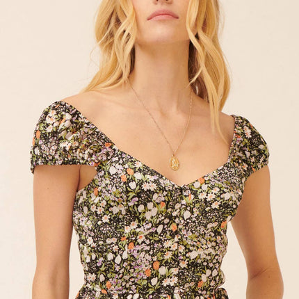 Floral Sweetheart Cap Sleeve Button Front Top