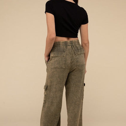Washed Linen Elastic Band Waist Cargo Pants