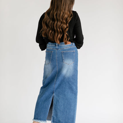 Dakotah Raw Hem Long Denim Skirt