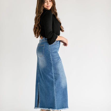 Dakotah Raw Hem Long Denim Skirt
