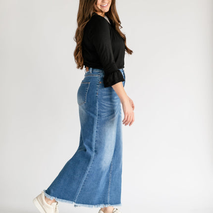Dakotah Raw Hem Long Denim Skirt
