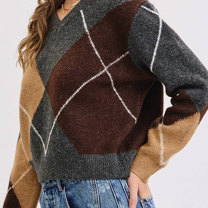 Charcoal Wine Camel  V-Neck Argyle Sweater