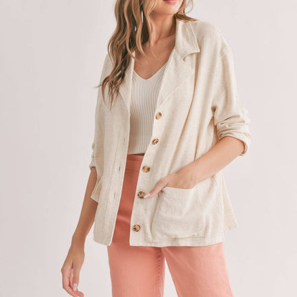 Linen Blend Jacket With Pockets: OATMEAL