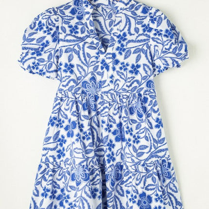 Blue Flower Print Puff Sleeve Tiered Dress