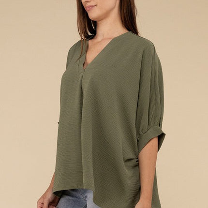 Woven Airflow V-Neck Puff Half Sleeve Top