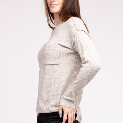Melange Hi-Low Hem Round Neck Sweater