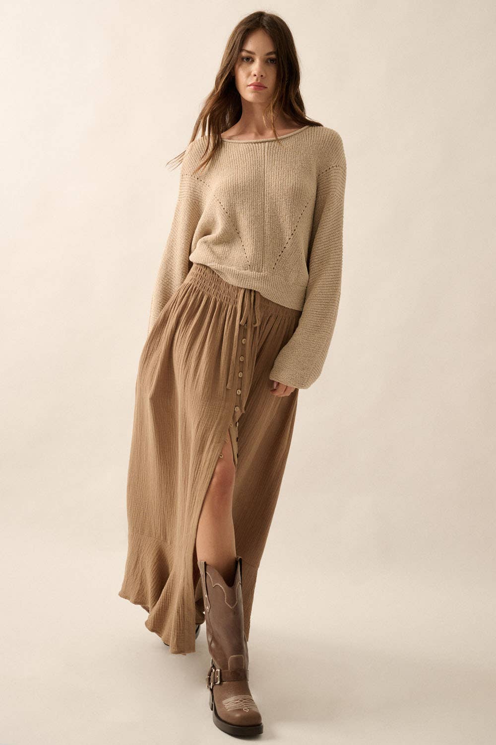 Solid Rib-Knit Dolman-Sleeve Sweater: Oatmeal