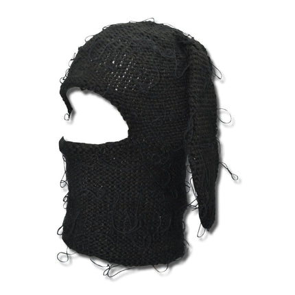Distressed Black Bunski Balaclava – Hand-Woven 1-Hole Ski Mask for Streetwear & Winter Sports