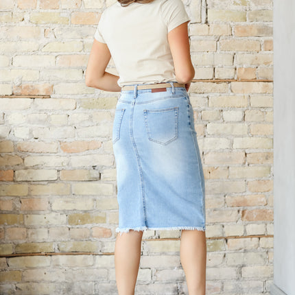 Drew Raw Hem Midi Denim Skirt
