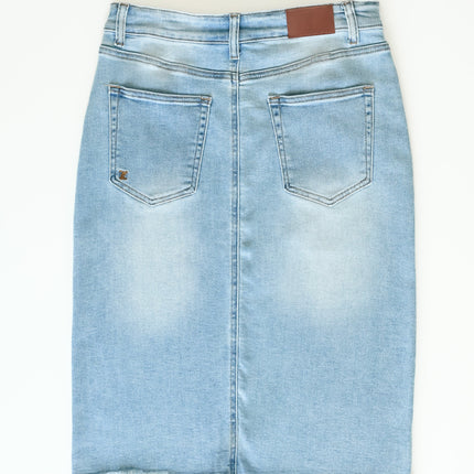 Drew Raw Hem Midi Denim Skirt