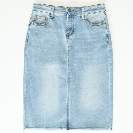 Drew Raw Hem Midi Denim Skirt
