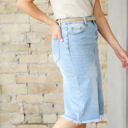 Drew Raw Hem Midi Denim Skirt