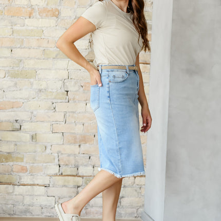Drew Raw Hem Midi Denim Skirt