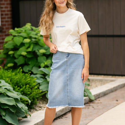 Drew Raw Hem Midi Denim Skirt