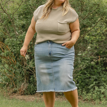 Drew Raw Hem Midi Denim Skirt