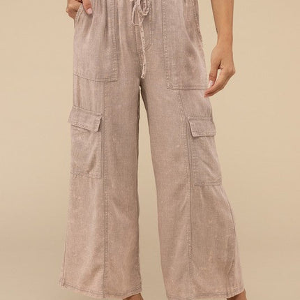 Washed Linen Elastic Band Waist Cargo Pants