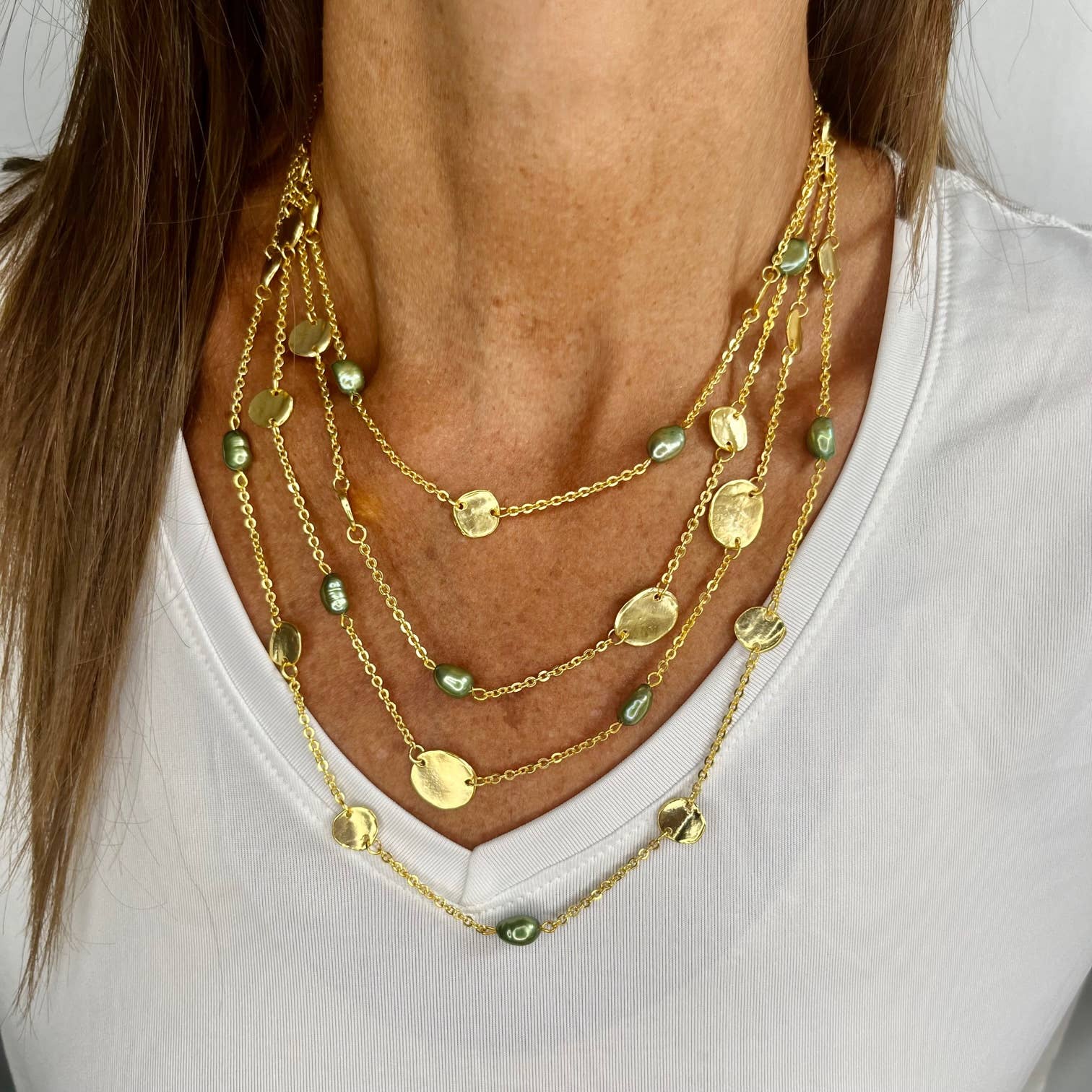 Coin and green pearl multi strand necklace