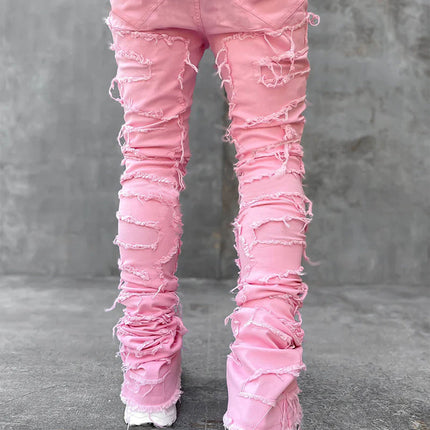 Patched Pants Long Tight Fit Stacked Jeans
