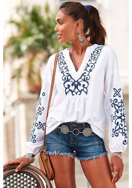 Embroidered Long Sleeve Blouse