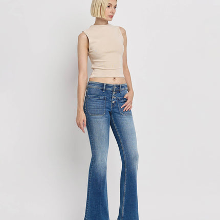 Mid Rise Patch Pocket  Flare Jean
