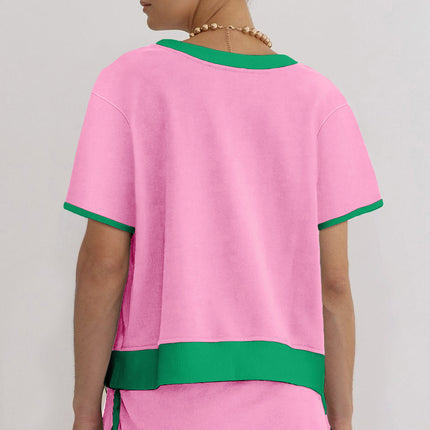 Luxury Colorblock Edge Drop Shoulder T Shirt and Skort Set