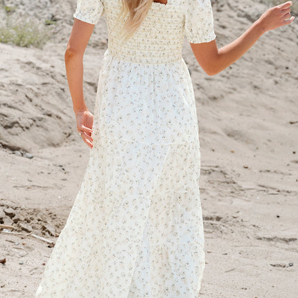 White Frilly Shirred Bodice Tiered Floral Maxi Dress