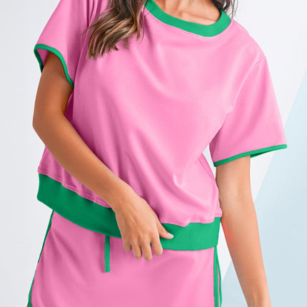 Luxury Colorblock Edge Drop Shoulder T Shirt and Skort Set