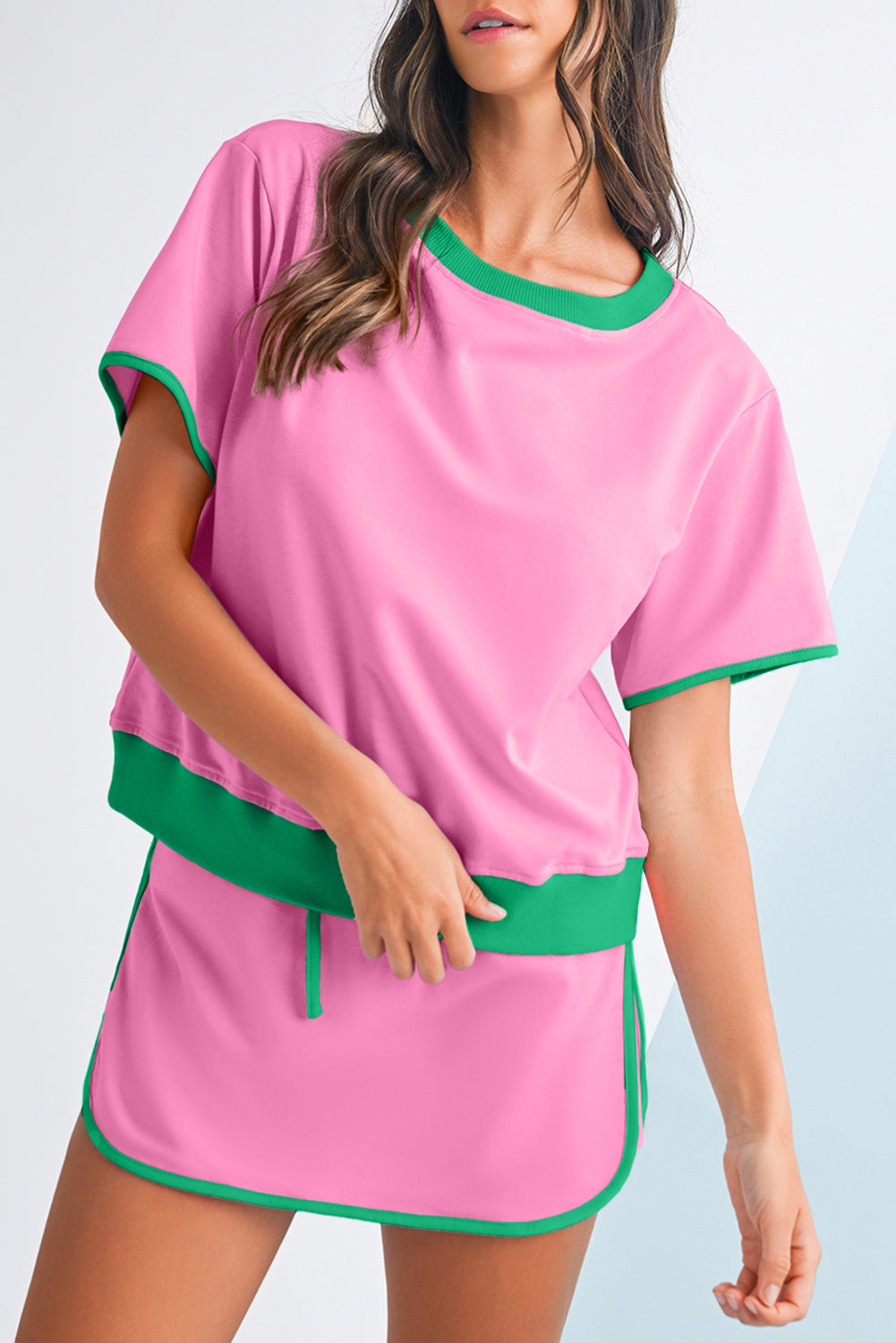 Luxury Colorblock Edge Drop Shoulder T Shirt and Skort Set