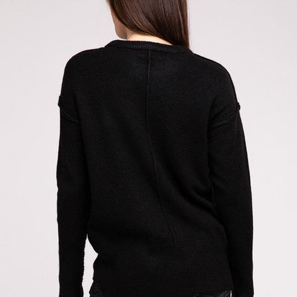 Melange Hi-Low Hem Round Neck Sweater