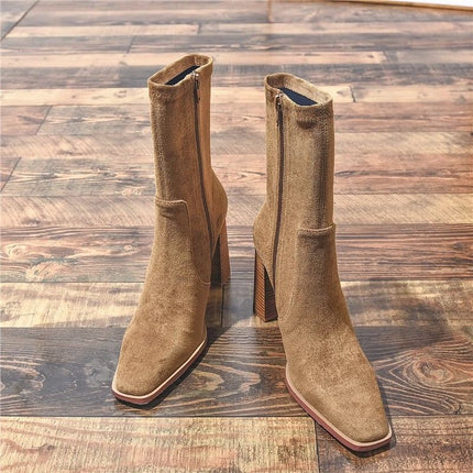 Square Toe Fleece-Lined French Boots – Chunky Heel Winter Style