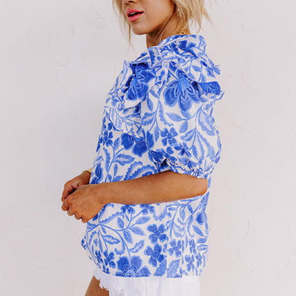 Luxury Floral Print Ruffled Bubble Sleeve Blouse