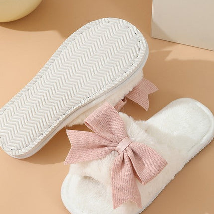 White Bow Knot Decor Open Toe Plush Slippers